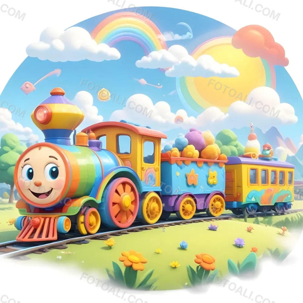 A Colorful Cartoon Train With A Smiling Face On The Front Traveling Through A Scenic Landscape With Mountains Flowers And A Vibrant Rainbow In The Sky 24 5573