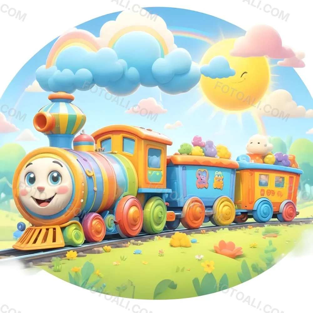 A Colorful Cartoon Train With A Smiling Face On The Front Traveling Through A Scenic Landscape With Mountains Flowers And A Vibrant Rainbow In The Sky 26 636b