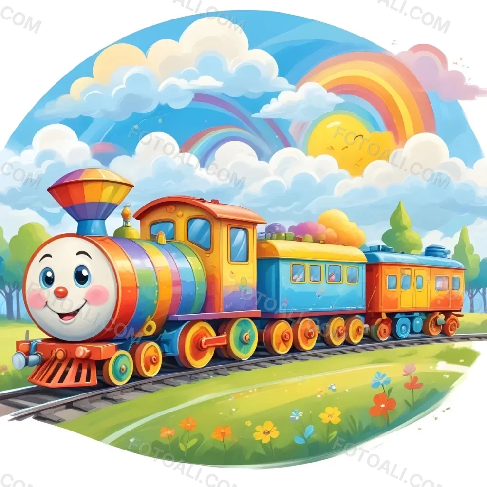 A Colorful Cartoon Train With A Smiling Face On The Front Traveling Through A Scenic Landscape With Mountains Flowers And A Vibrant Rainbow In The Sky 3 Db67