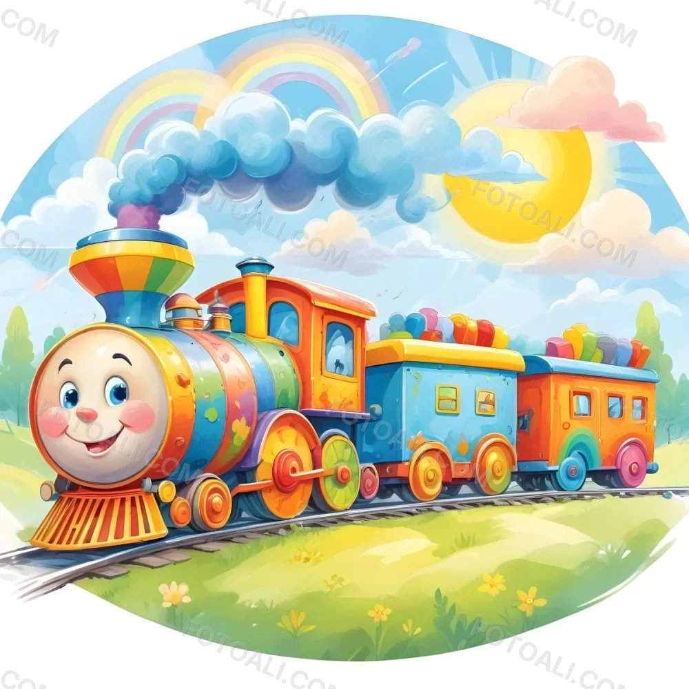 A Colorful Cartoon Train With A Smiling Face On The Front Traveling Through A Scenic Landscape With Mountains Flowers And A Vibrant Rainbow In The Sky 4 46c3