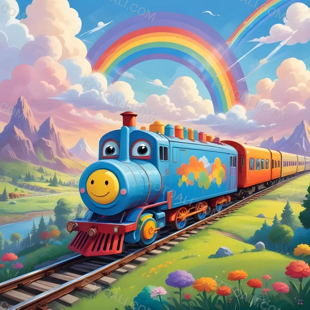 A Colorful Cartoon Train With A Smiling Face On The Front Traveling Through A Scenic Landscape With Mountains Flowers And A Vibrant Rainbow In The Sky 6 080f