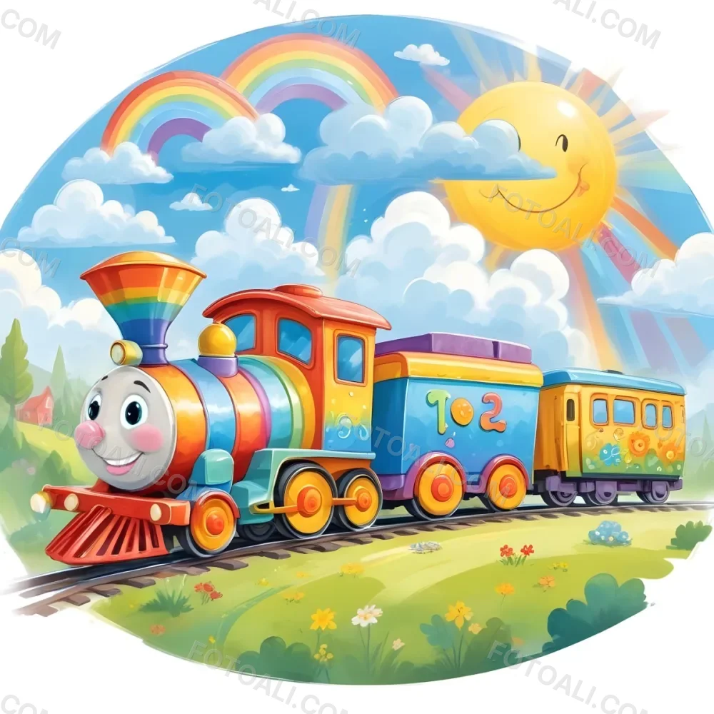 A Colorful Cartoon Train With A Smiling Face On The Front Traveling Through A Scenic Landscape With Mountains Flowers And A Vibrant Rainbow In The Sky 8 95bd