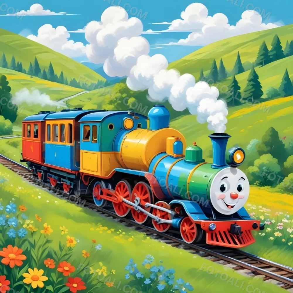 A Colorful Cartoon Train With A Smiling Face Traveling Through A Lush Hilly Landscape With Green Meadows Pine Trees And A Winding Road The Sky Is Blue With Fluffy White Clouds 12 6ab1
