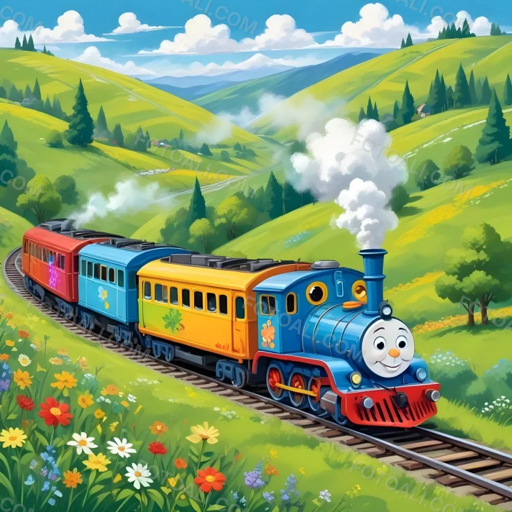 A Colorful Cartoon Train With A Smiling Face Traveling Through A Lush Hilly Landscape With Green Meadows Pine Trees And A Winding Road The Sky Is Blue With Fluffy White Clouds 23 36b0