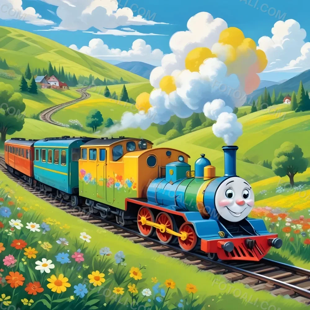 A Colorful Cartoon Train With A Smiling Face Traveling Through A Lush Hilly Landscape With Green Meadows Pine Trees And A Winding Road The Sky Is Blue With Fluffy White Clouds 25 4715