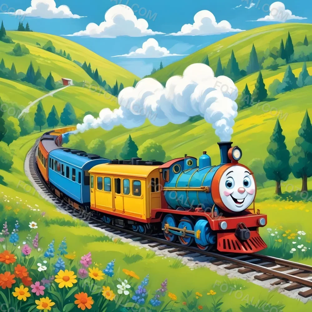 A Colorful Cartoon Train With A Smiling Face Traveling Through A Lush Hilly Landscape With Green Meadows Pine Trees And A Winding Road The Sky Is Blue With Fluffy White Clouds 27 E56f