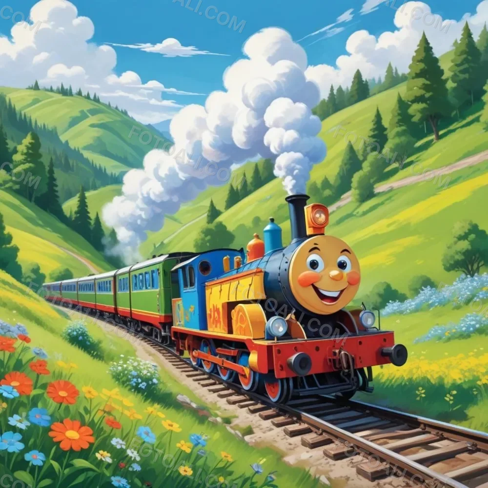 A Colorful Cartoon Train With A Smiling Face Traveling Through A Lush Hilly Landscape With Green Meadows Pine Trees And A Winding Road The Sky Is Blue With Fluffy White Clouds 28 F626