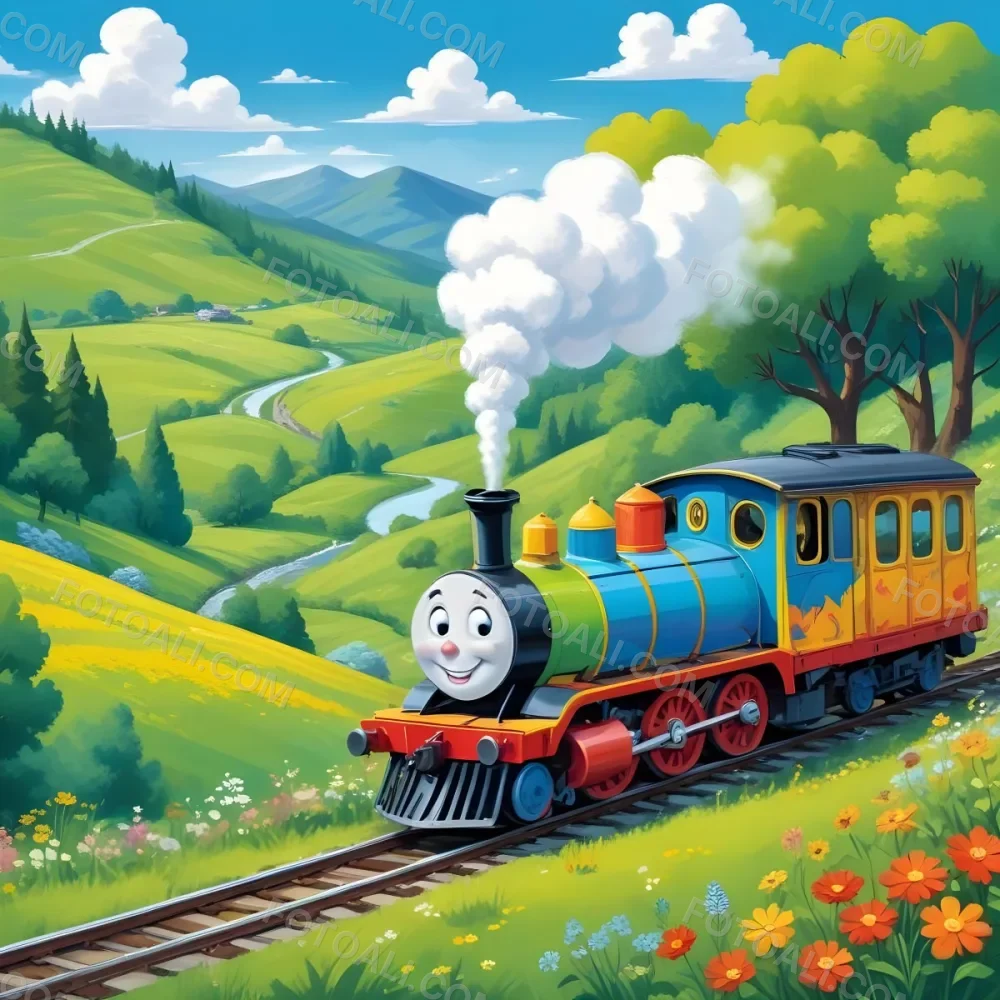 A Colorful Cartoon Train With A Smiling Face Traveling Through A Lush Hilly Landscape With Green Meadows Pine Trees And A Winding Road The Sky Is Blue With Fluffy White Clouds 30 C491