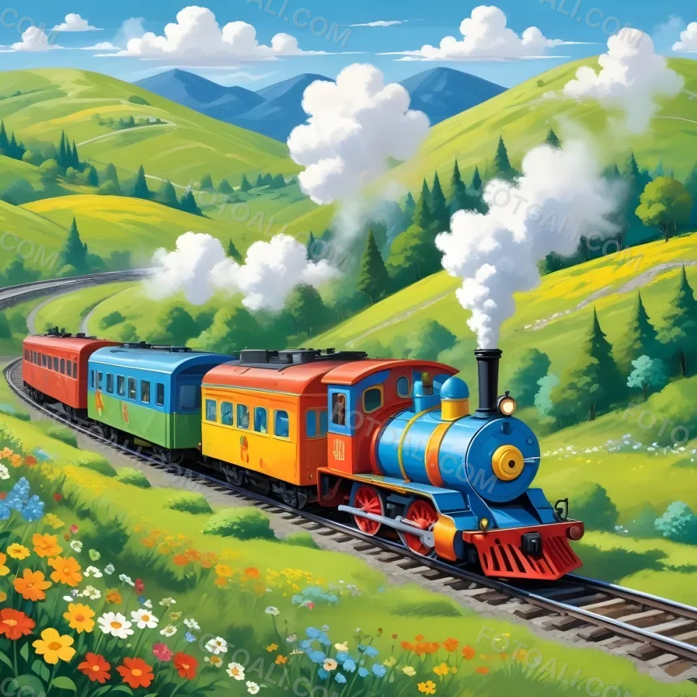 A Colorful Cartoon Train With A Smiling Face Traveling Through A Lush Hilly Landscape With Green Meadows Pine Trees And A Winding Road The Sky Is Blue With Fluffy White Clouds 34 2906