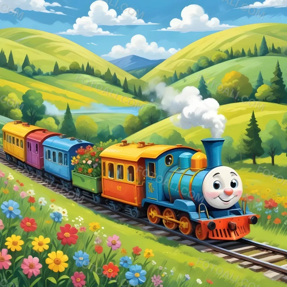 A Colorful Cartoon Train With A Smiling Face Traveling Through A Lush Hilly Landscape With Green Meadows Pine Trees And A Winding Road The Sky Is Blue With Fluffy White Clouds 38 7539
