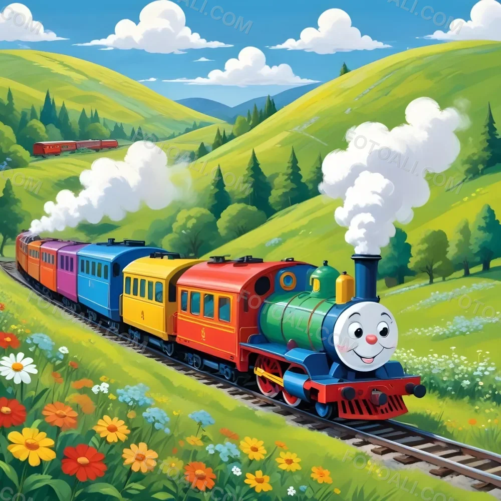 A Colorful Cartoon Train With A Smiling Face Traveling Through A Lush Hilly Landscape With Green Meadows Pine Trees And A Winding Road The Sky Is Blue With Fluffy White Clouds 39 2436