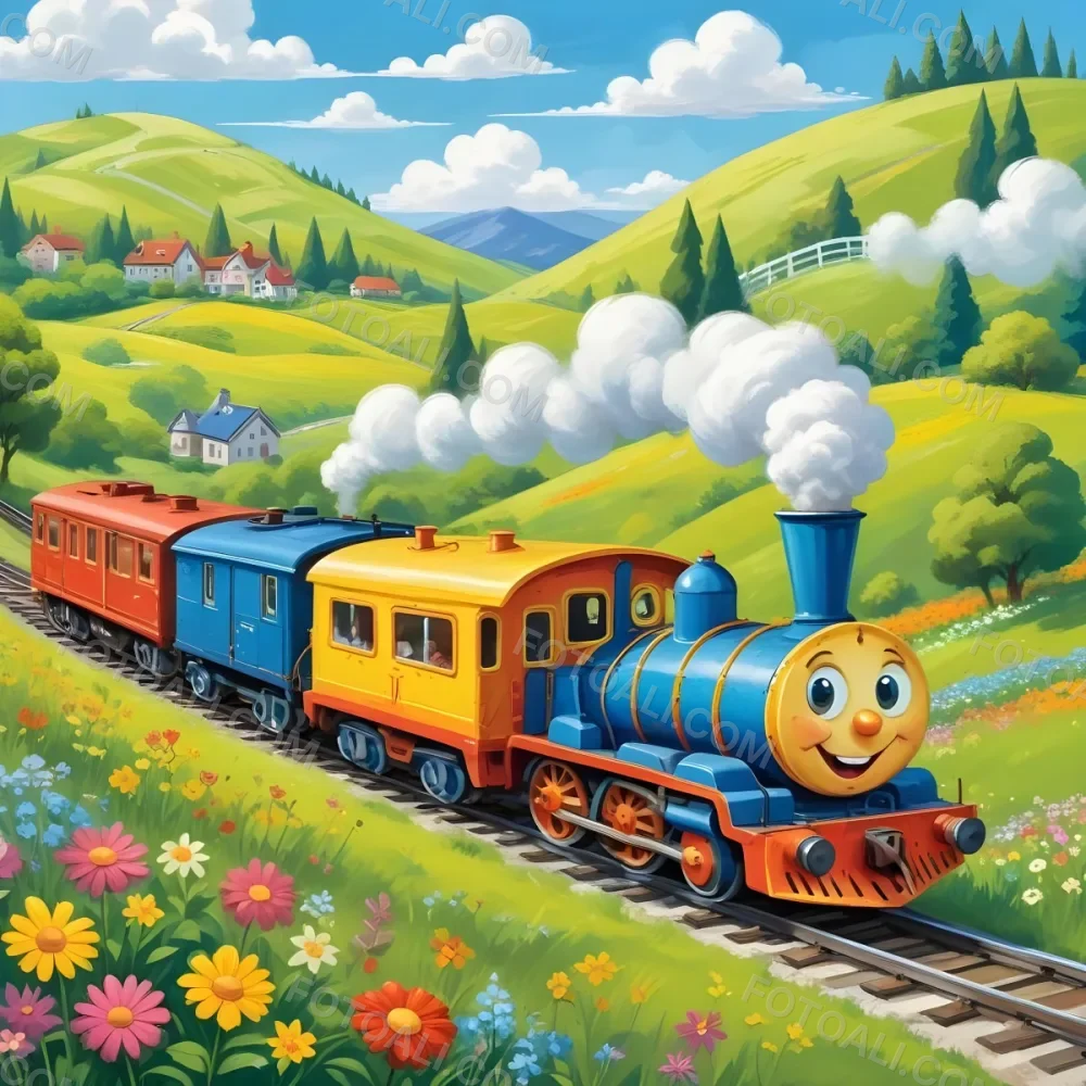 A Colorful Cartoon Train With A Smiling Face Traveling Through A Lush Hilly Landscape With Green Meadows Pine Trees And A Winding Road The Sky Is Blue With Fluffy White Clouds 42 Ca05