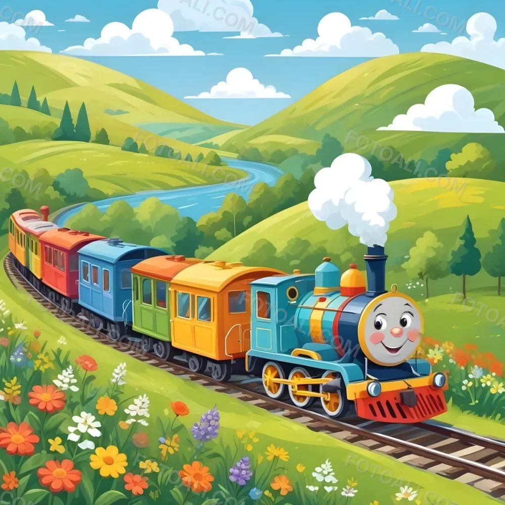 A Colorful Cartoon Train With A Smiling Face Traveling Through A Lush Hilly Landscape With Green Meadows Pine Trees And A Winding Road The Sky Is Blue With Fluffy White Clouds 44 A34d