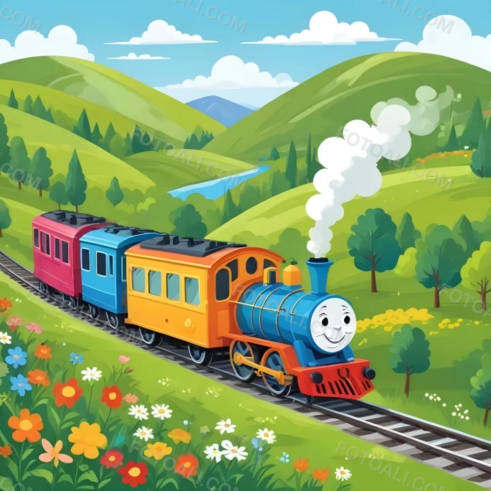 A Colorful Cartoon Train With A Smiling Face Traveling Through A Lush Hilly Landscape With Green Meadows Pine Trees And A Winding Road The Sky Is Blue With Fluffy White Clouds 48 02c1