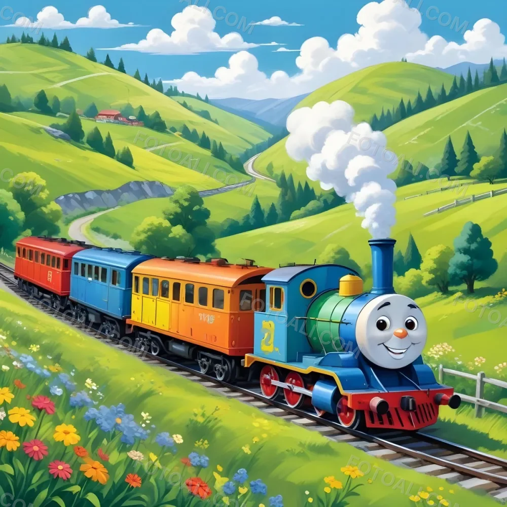 A Colorful Cartoon Train With A Smiling Face Traveling Through A Lush Hilly Landscape With Green Meadows Pine Trees And A Winding Road The Sky Is Blue With Fluffy White Clouds 5 B0fb