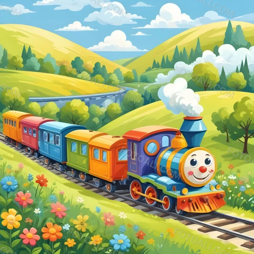 A Colorful Cartoon Train With A Smiling Face Traveling Through A Lush Hilly Landscape With Green Meadows Pine Trees And A Winding Road The Sky Is Blue With Fluffy White Clouds 52 0d54