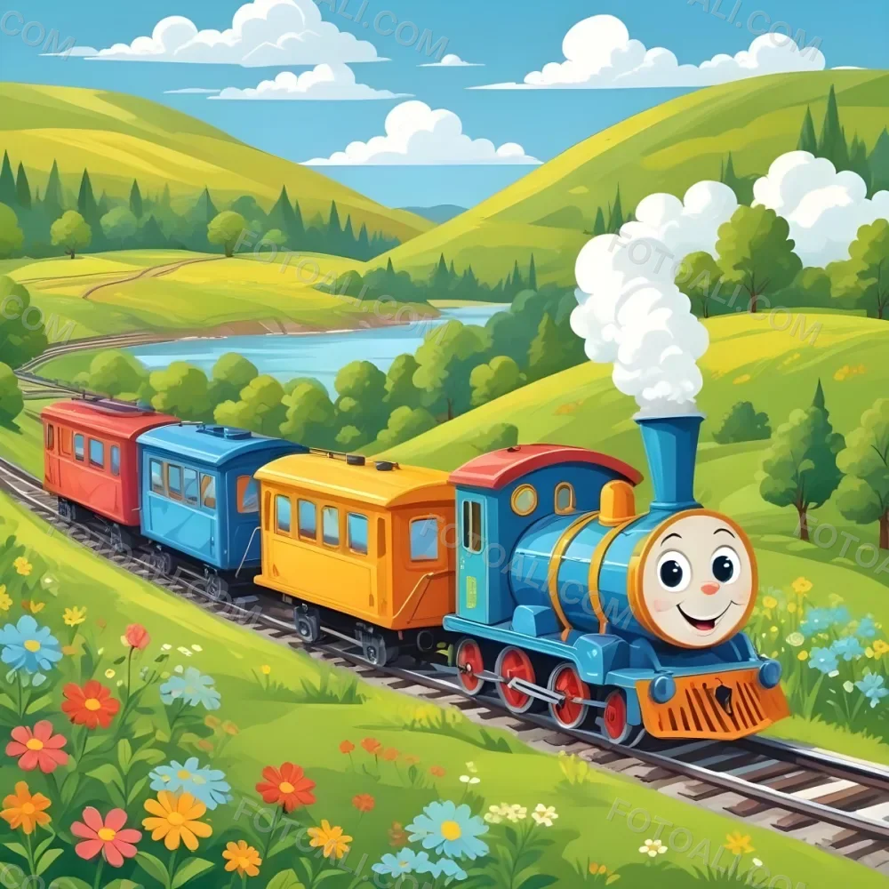 A Colorful Cartoon Train With A Smiling Face Traveling Through A Lush Hilly Landscape With Green Meadows Pine Trees And A Winding Road The Sky Is Blue With Fluffy White Clouds 53 4d9f
