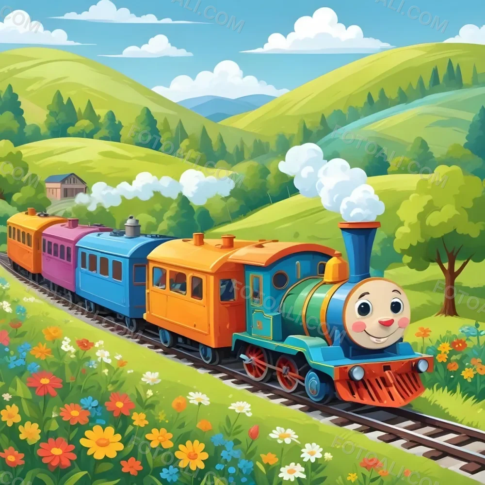 A Colorful Cartoon Train With A Smiling Face Traveling Through A Lush Hilly Landscape With Green Meadows Pine Trees And A Winding Road The Sky Is Blue With Fluffy White Clouds 54 5f6f