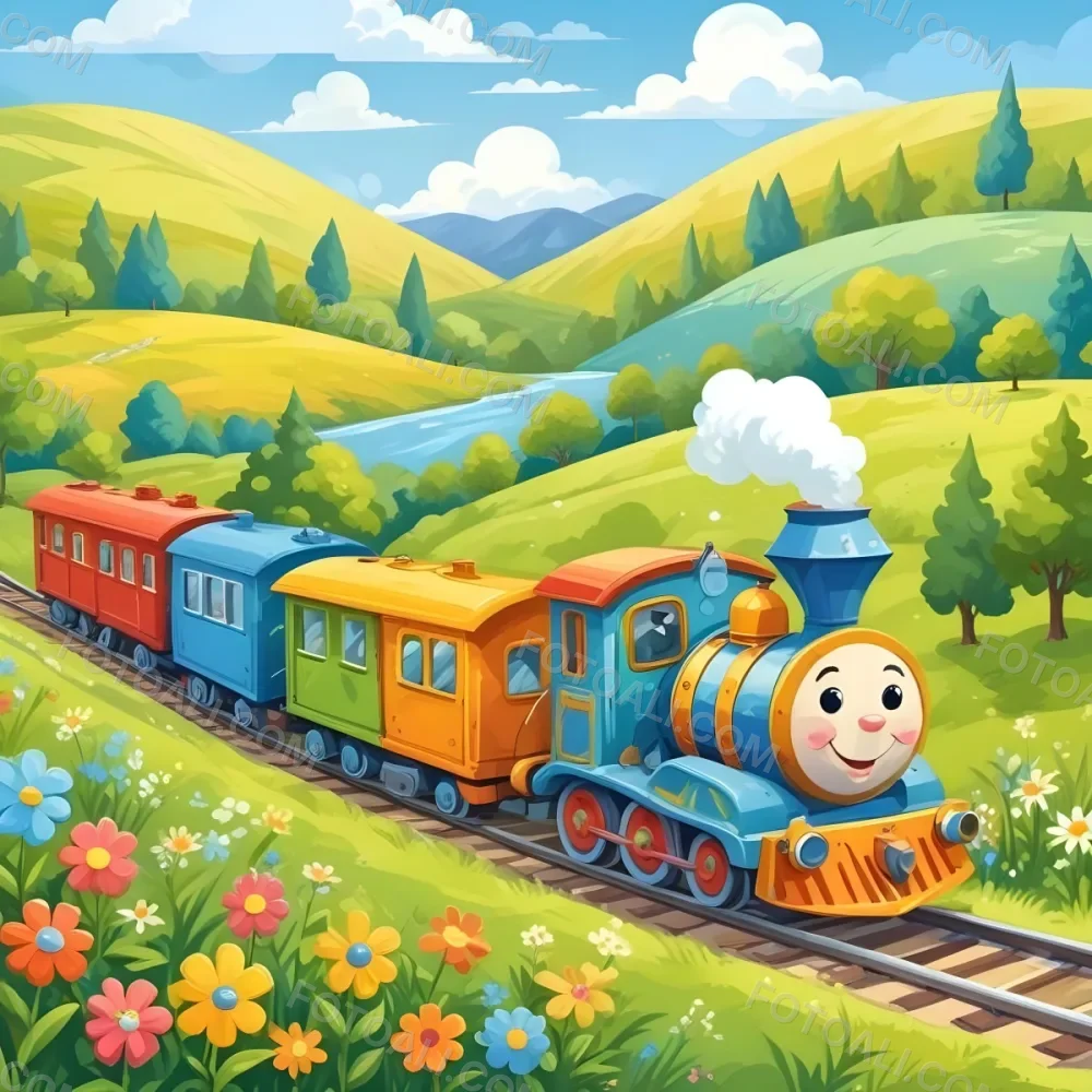 A Colorful Cartoon Train With A Smiling Face Traveling Through A Lush Hilly Landscape With Green Meadows Pine Trees And A Winding Road The Sky Is Blue With Fluffy White Clouds 56 871d