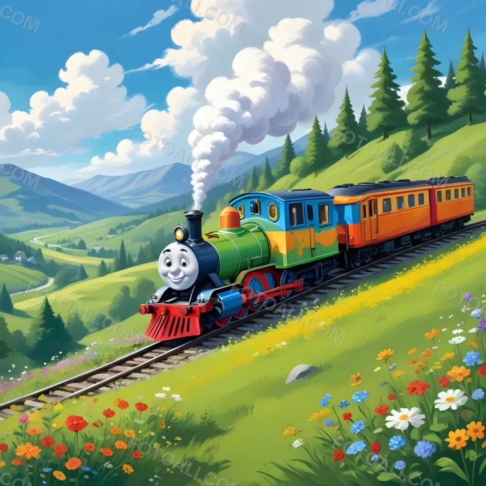 A Colorful Cartoon Train With A Smiling Face Traveling Through A Lush Hilly Landscape With Green Meadows Pine Trees And A Winding Road The Sky Is Blue With Fluffy White Clouds 6 F063