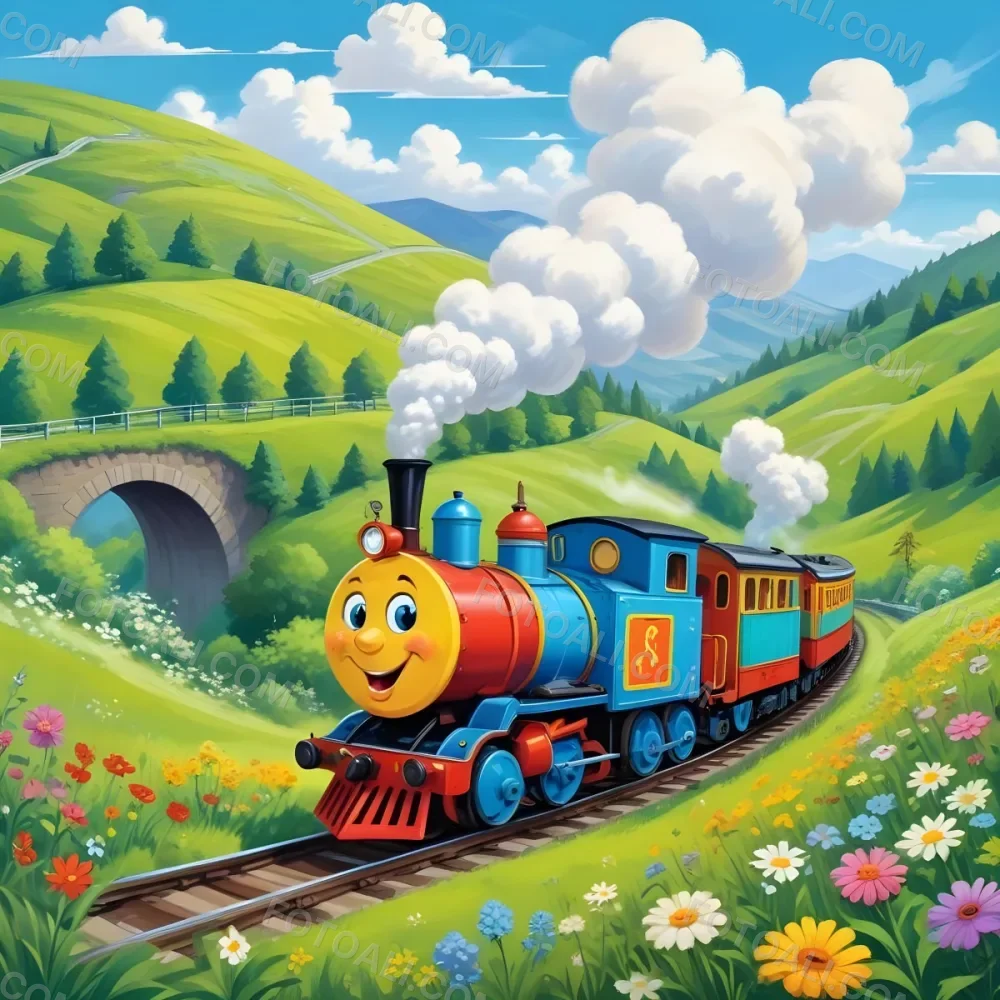 A Colorful Cartoon Train With A Smiling Face Traveling Through A Lush Hilly Landscape With Green Meadows Pine Trees And A Winding Road The Sky Is Blue With Fluffy White Clouds 9 373b