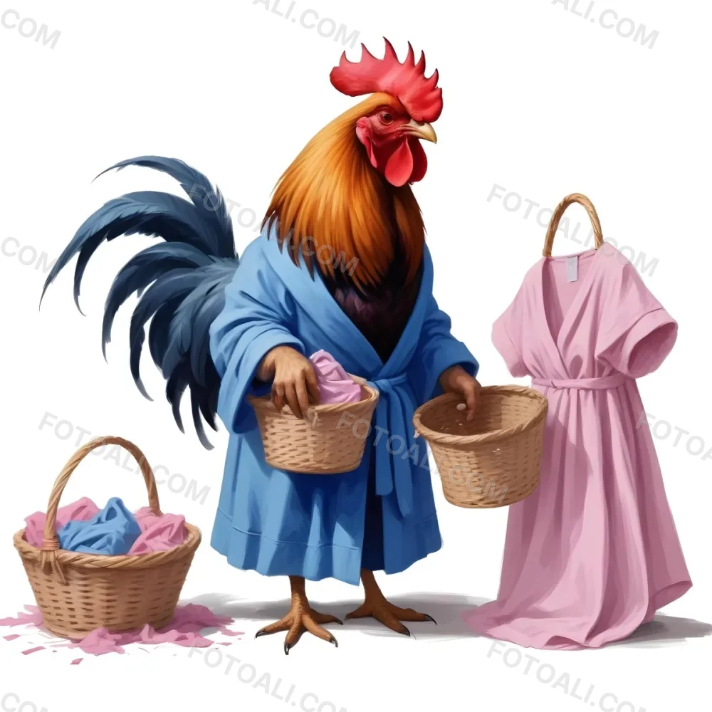 A Colorful Rooster Wearing A Blue Robe And Holding A Basket Of Eggs With A Pink Dress Hanging On A Clothes Hanger In The Background 10 Cfc4