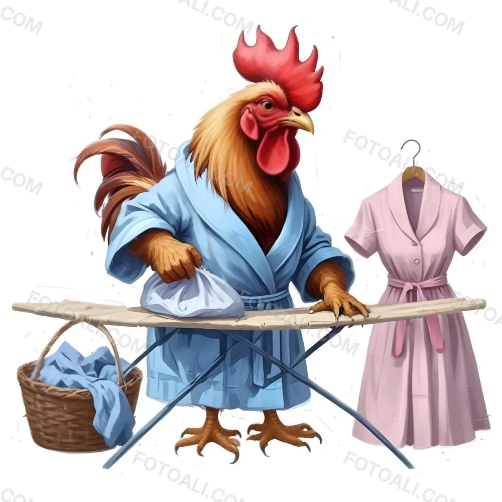 A Colorful Rooster Wearing A Blue Robe And Holding A Basket Of Eggs With A Pink Dress Hanging On A Clothes Hanger In The Background 11 8727