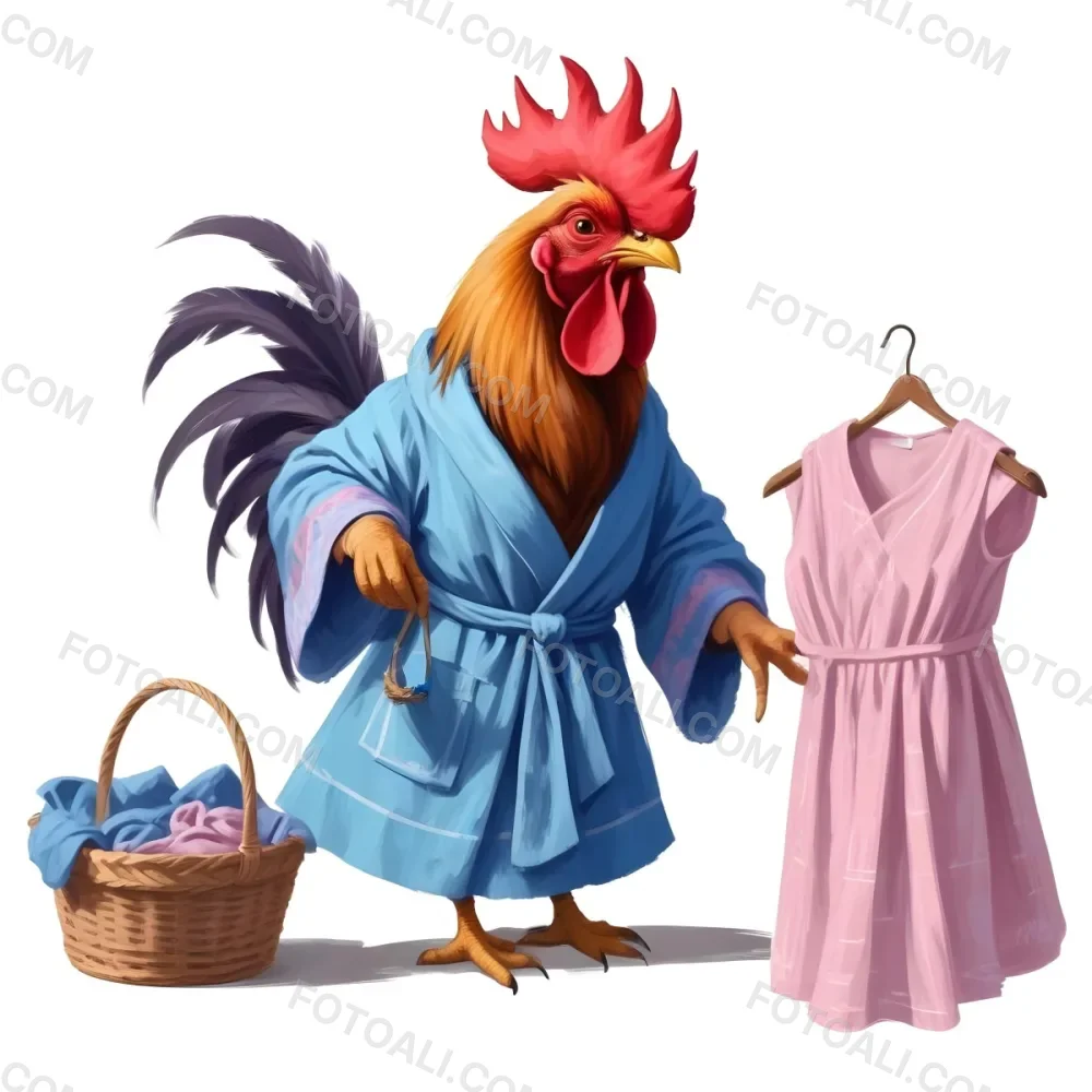 A Colorful Rooster Wearing A Blue Robe And Holding A Basket Of Eggs With A Pink Dress Hanging On A Clothes Hanger In The Background 3 596c