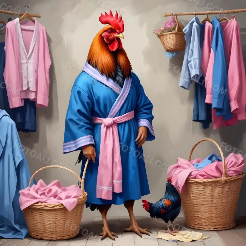 A Colorful Rooster Wearing A Blue Robe And Holding A Basket Of Eggs With A Pink Dress Hanging On A Clothes Hanger In The Background 5 Dd5b
