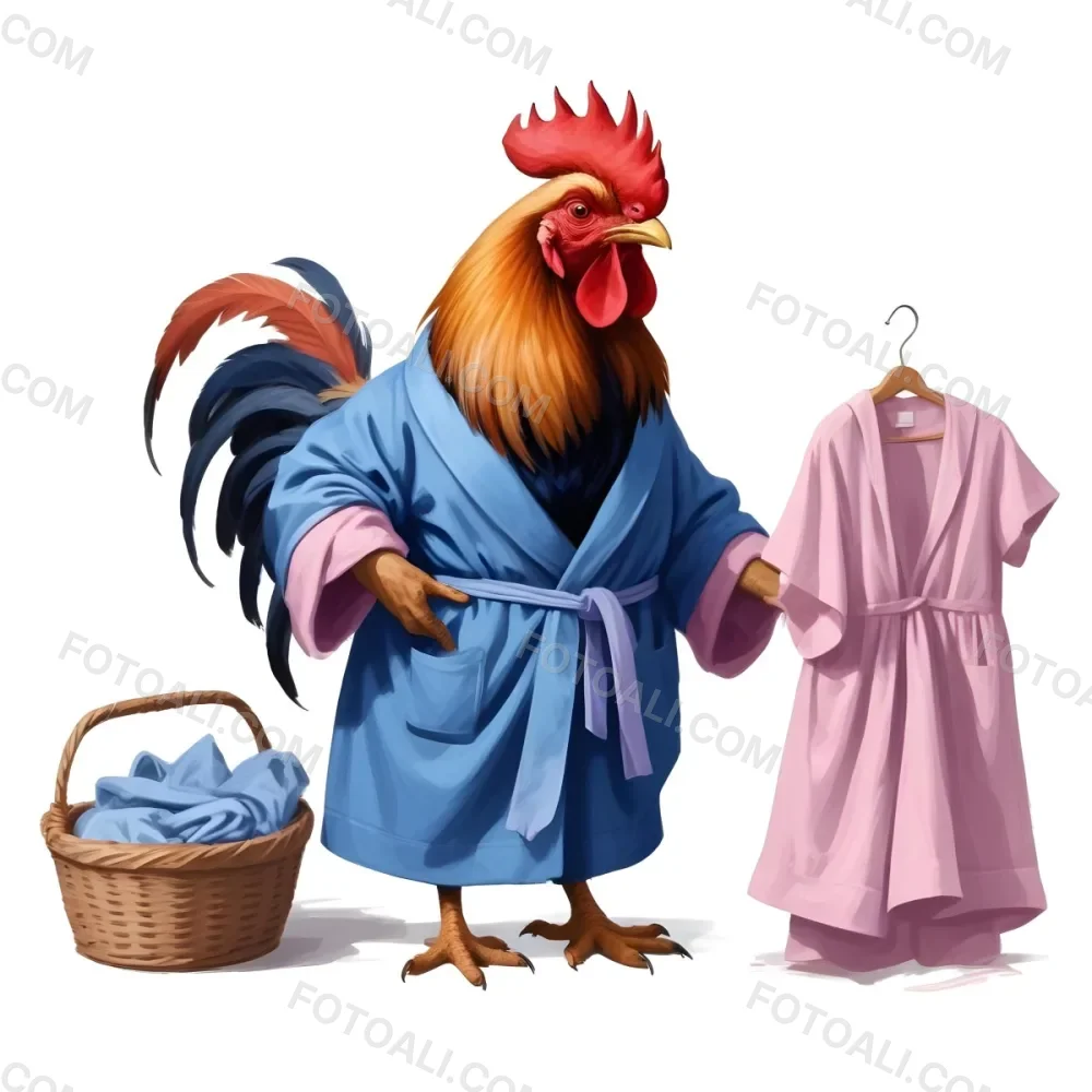 A Colorful Rooster Wearing A Blue Robe And Holding A Basket Of Eggs With A Pink Dress Hanging On A Clothes Hanger In The Background 8 A56c