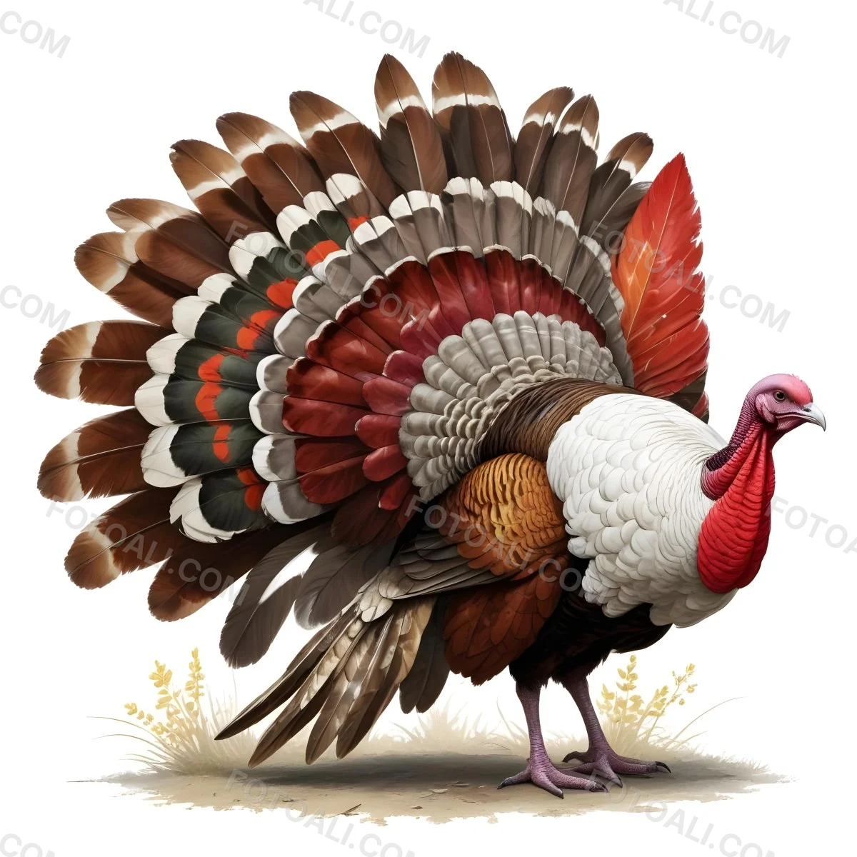 A Colorful Turkey With A Large Colorful Tail Feathers And A Red Wattle On Its Head Standing On A Plain Background 1 1972