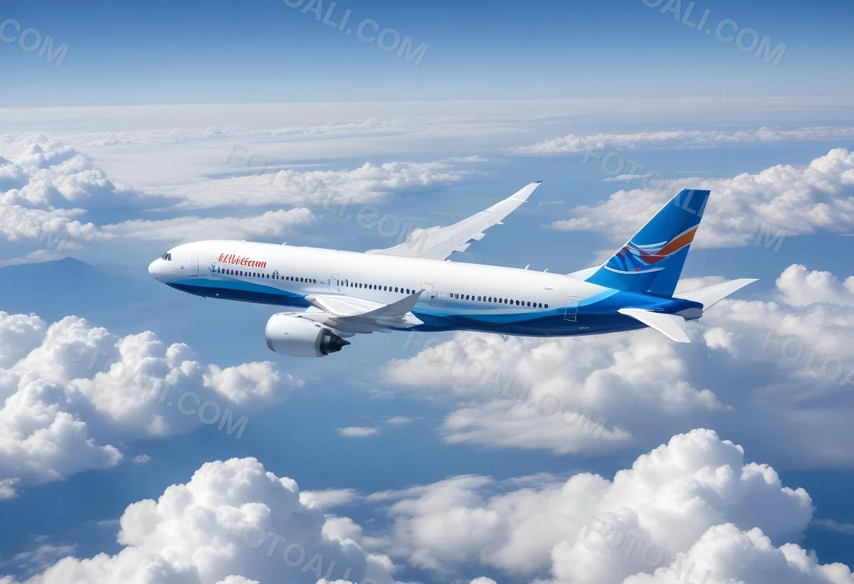 A Commercial Airplane Flying Above The Clouds Against A Clear Blue Sky The Aircraft Is Predominantly Blue With Some Colored Accents On The Tail And Engines The Wings Are Extended And The Scene Captures The Aircraft 11 0cef