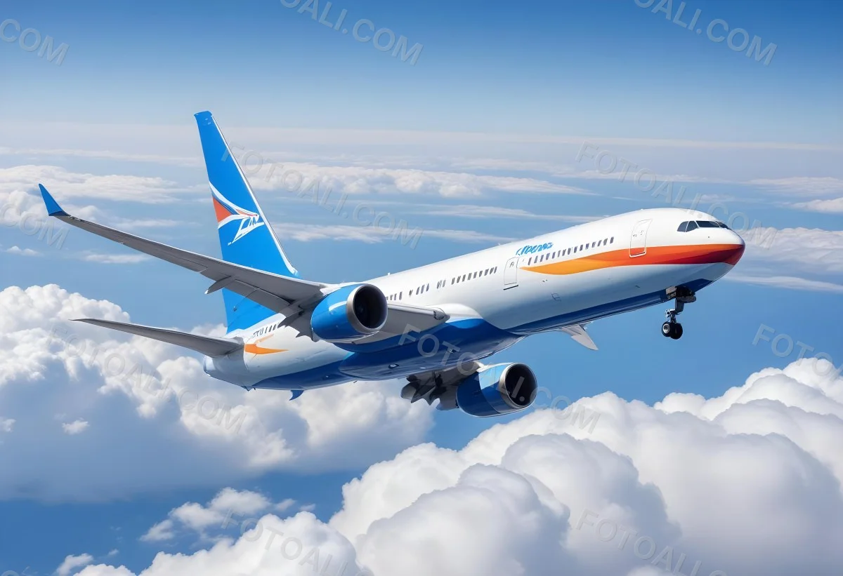 A Commercial Airplane Flying Above The Clouds Against A Clear Blue Sky The Aircraft Is Predominantly Blue With Some Colored Accents On The Tail And Engines The Wings Are Extended And The Scene Captures The Aircraft 14 D10e