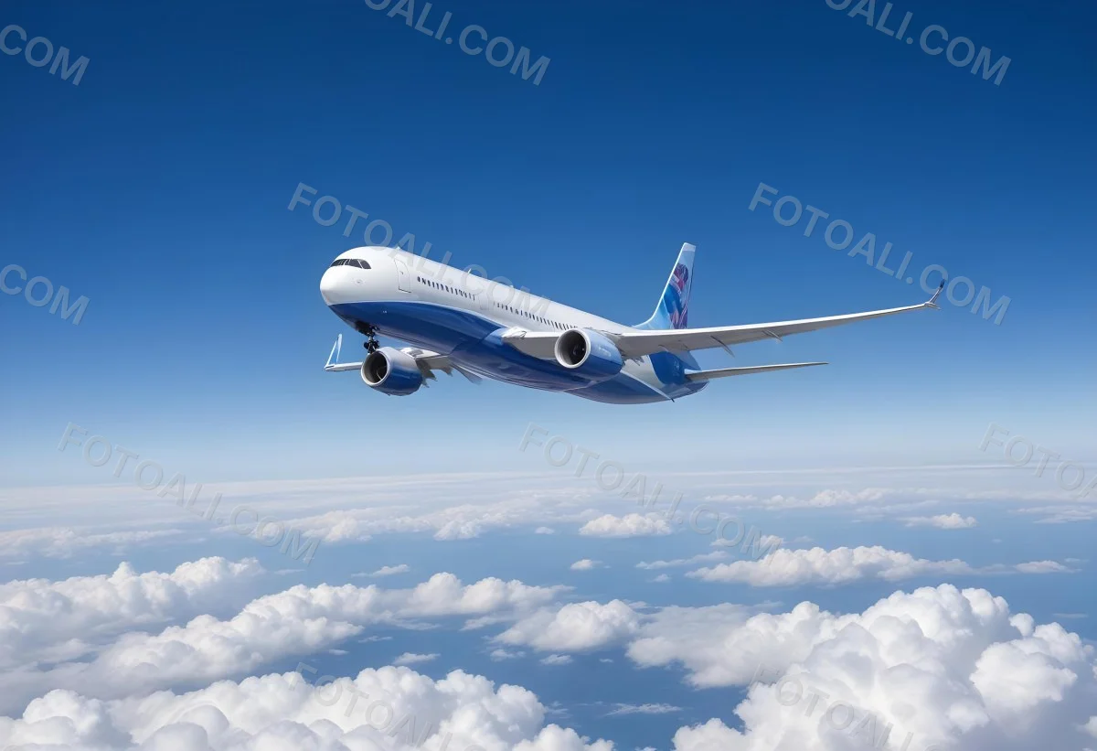 A Commercial Airplane Flying Above The Clouds Against A Clear Blue Sky The Aircraft Is Predominantly Blue With Some Colored Accents On The Tail And Engines The Wings Are Extended And The Scene Captures The Aircraft 16 E1d5