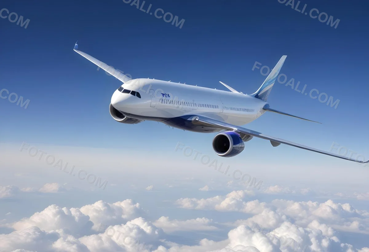 A Commercial Airplane Flying Above The Clouds Against A Clear Blue Sky The Aircraft Is Predominantly Blue With Some Colored Accents On The Tail And Engines The Wings Are Extended And The Scene Captures The Aircraft 18 B32a