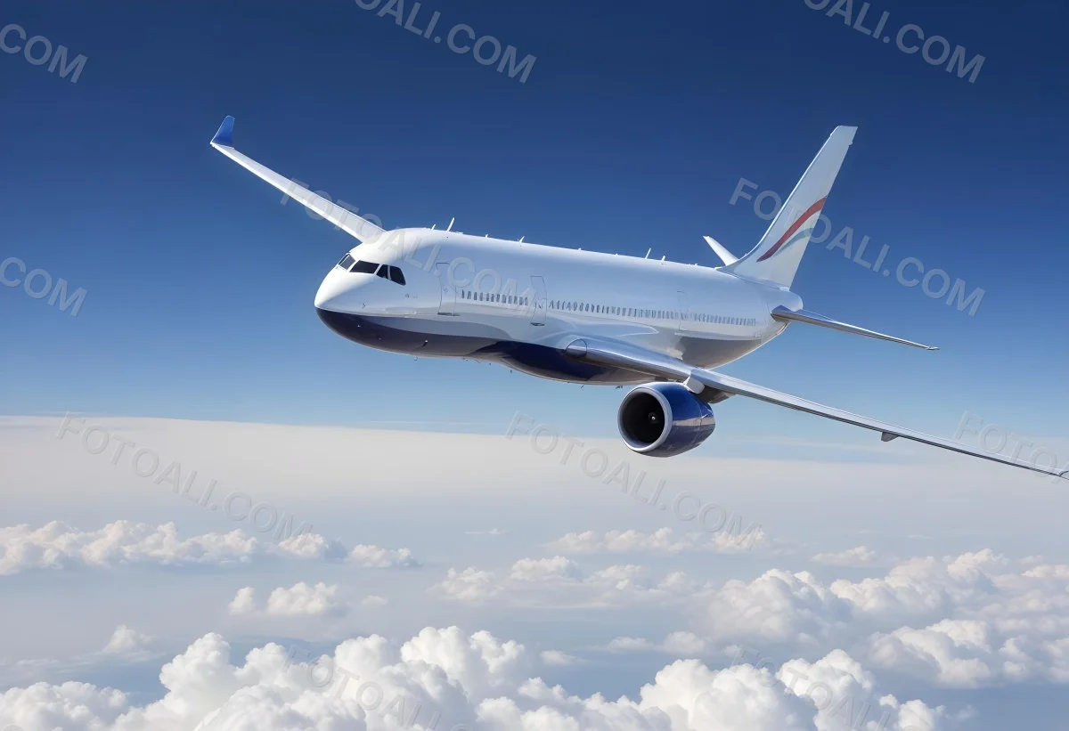A Commercial Airplane Flying Above The Clouds Against A Clear Blue Sky The Aircraft Is Predominantly Blue With Some Colored Accents On The Tail And Engines The Wings Are Extended And The Scene Captures The Aircraft 19 488b
