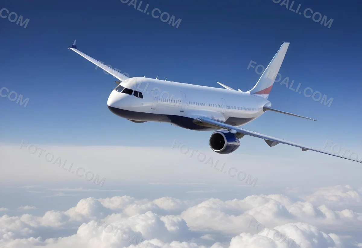 A Commercial Airplane Flying Above The Clouds Against A Clear Blue Sky The Aircraft Is Predominantly Blue With Some Colored Accents On The Tail And Engines The Wings Are Extended And The Scene Captures The Aircraft 21 4d59
