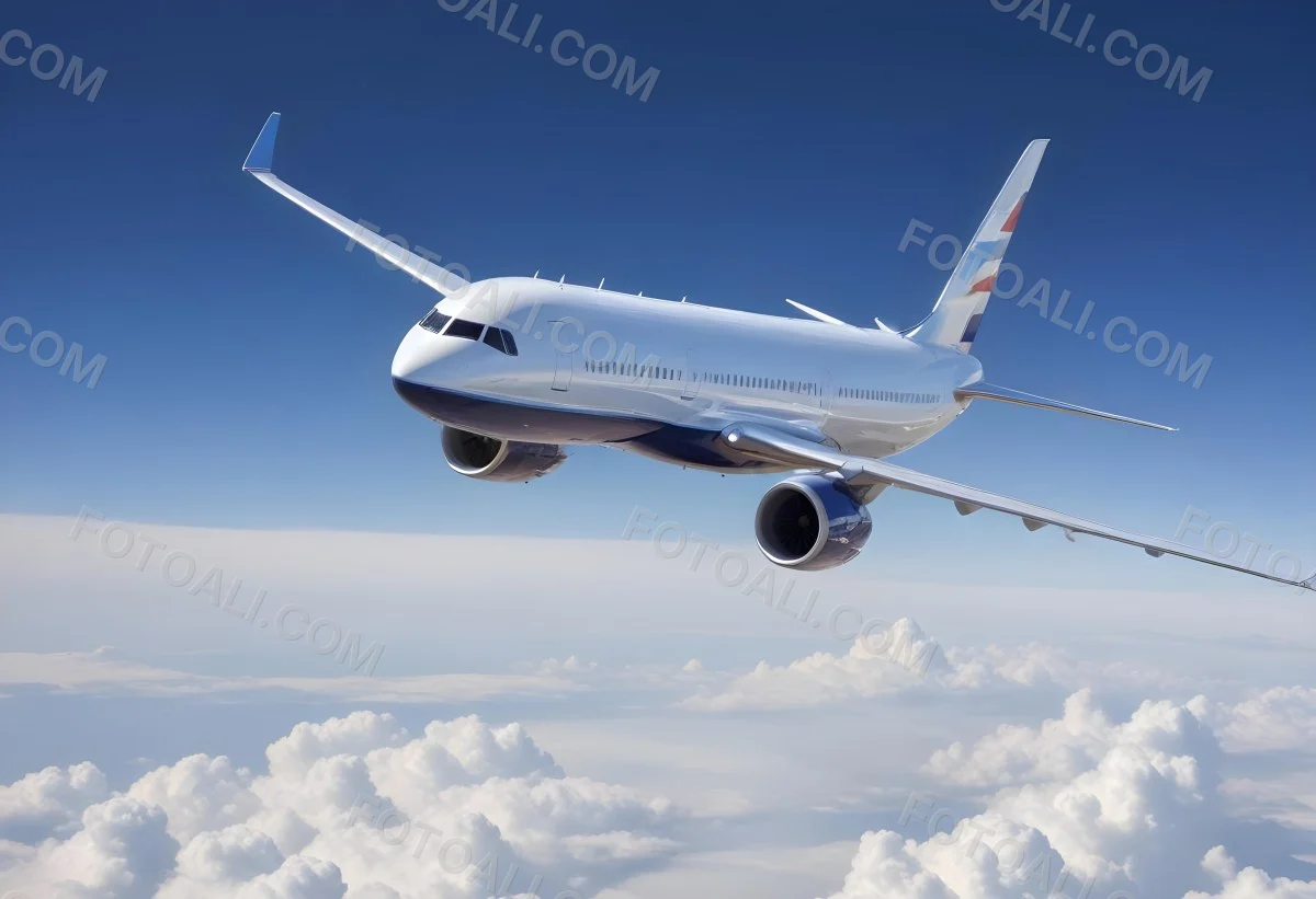 A Commercial Airplane Flying Above The Clouds Against A Clear Blue Sky The Aircraft Is Predominantly Blue With Some Colored Accents On The Tail And Engines The Wings Are Extended And The Scene Captures The Aircraft 22 A645