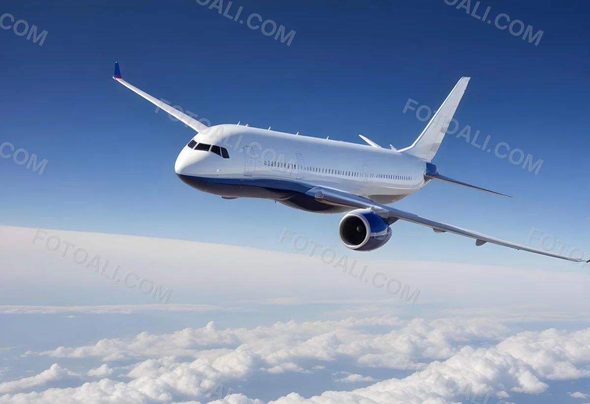 A Commercial Airplane Flying Above The Clouds Against A Clear Blue Sky The Aircraft Is Predominantly Blue With Some Colored Accents On The Tail And Engines The Wings Are Extended And The Scene Captures The Aircraft 23 2802