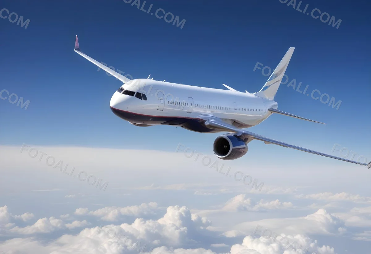A Commercial Airplane Flying Above The Clouds Against A Clear Blue Sky The Aircraft Is Predominantly Blue With Some Colored Accents On The Tail And Engines The Wings Are Extended And The Scene Captures The Aircraft 25 45ba