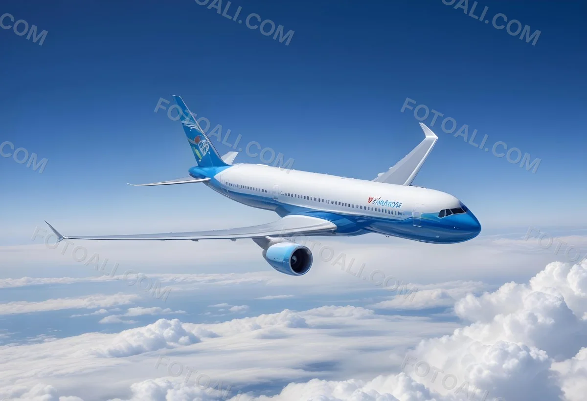 A Commercial Airplane Flying Above The Clouds Against A Clear Blue Sky The Aircraft Is Predominantly Blue With Some Colored Accents On The Tail And Engines The Wings Are Extended And The Scene Captures The Aircraft 5 Bd42