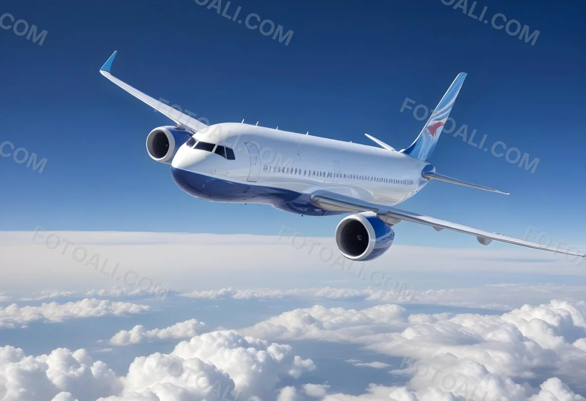 A Commercial Airplane Flying Above The Clouds Against A Clear Blue Sky The Aircraft Is Predominantly Blue With Some Colored Accents On The Tail And Engines The Wings Are Extended And The Scene Captures The Aircraft 6 8df3