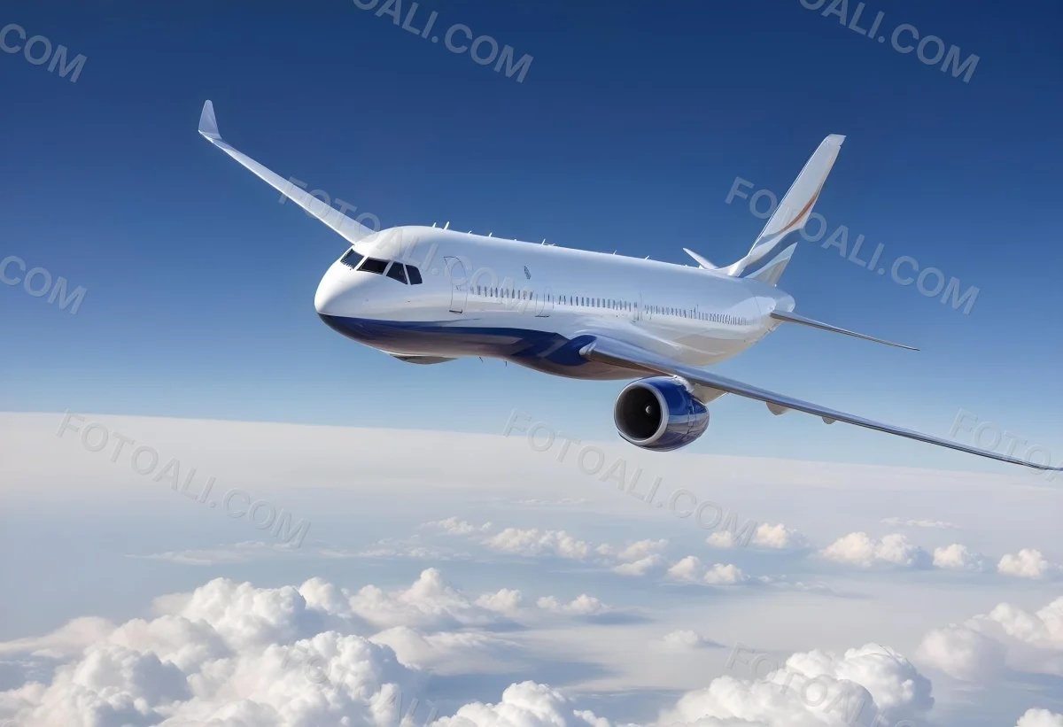 A Commercial Airplane Flying Above The Clouds Against A Clear Blue Sky The Aircraft Is Predominantly Blue With Some Colored Accents On The Tail And Engines The Wings Are Extended And The Scene Captures The Aircraft 7 D8f4