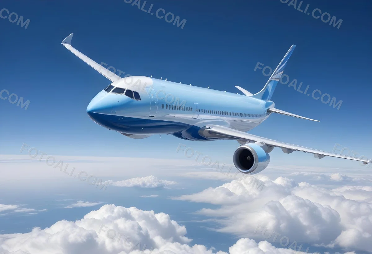 A Commercial Airplane Flying Above The Clouds Against A Clear Blue Sky The Aircraft Is Predominantly Blue With Some Colored Accents On The Tail And Engines The Wings Are Extended And The Scene Captures The Aircraft 8 8029