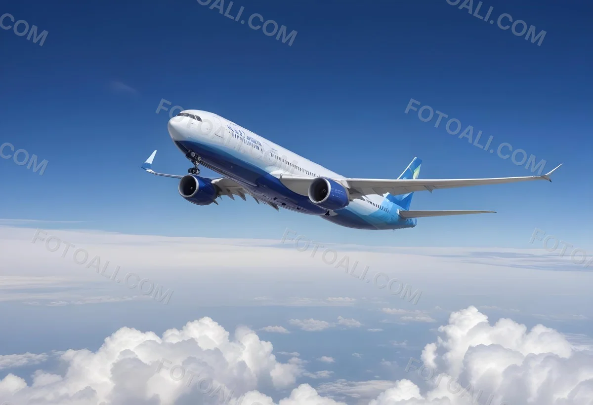 A Commercial Airplane Flying Above The Clouds Against A Clear Blue Sky The Aircraft Is Predominantly Blue With Some Colored Accents On The Tail And Engines The Wings Are Extended And The Scene Captures The Aircraft 9 Bc9d