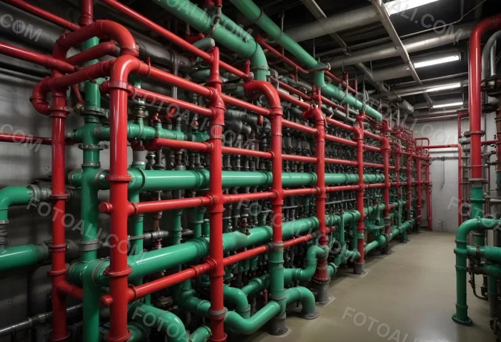 A Complex Network Of Pipes Valves And Pumps With Red Handles And Green Pumps In An Industrial Setting Showcasing The Intricate Plumbing System 1 02c8