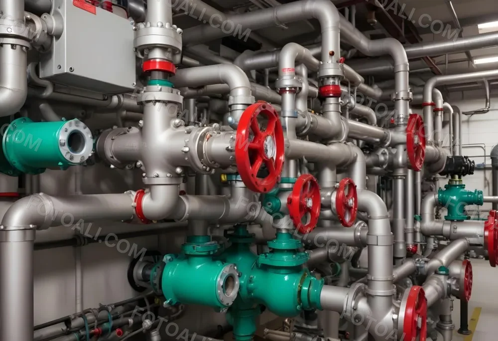 A Complex Network Of Pipes Valves And Pumps With Red Handles And Green Pumps In An Industrial Setting Showcasing The Intricate Plumbing System 10 Cefa