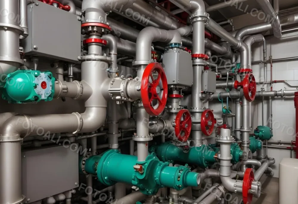 A Complex Network Of Pipes Valves And Pumps With Red Handles And Green Pumps In An Industrial Setting Showcasing The Intricate Plumbing System 13 Ea96