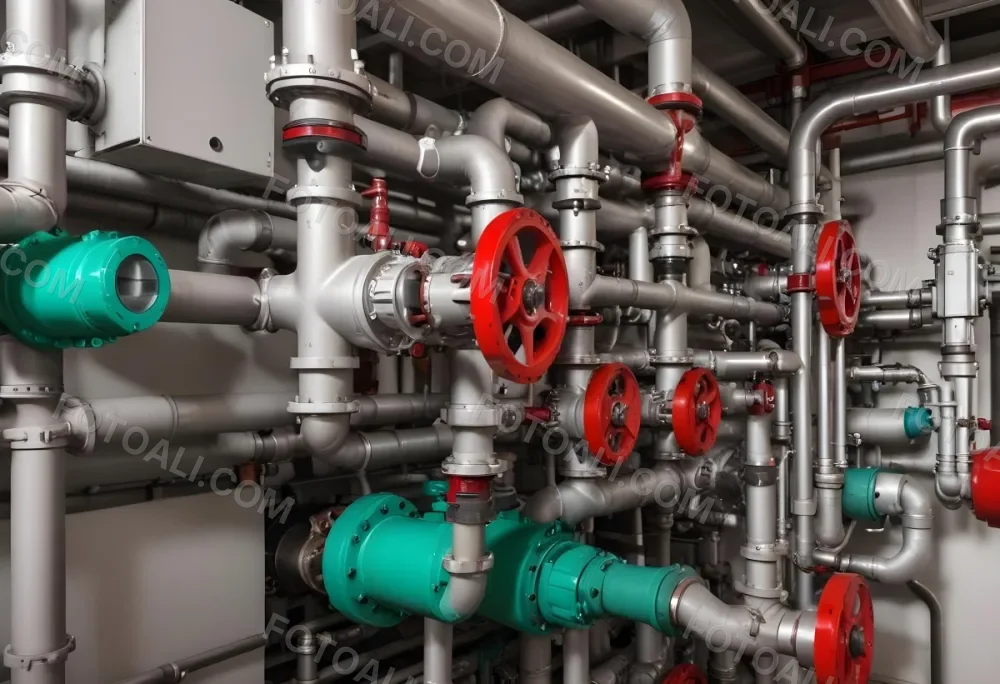 A Complex Network Of Pipes Valves And Pumps With Red Handles And Green Pumps In An Industrial Setting Showcasing The Intricate Plumbing System 14 F6e9