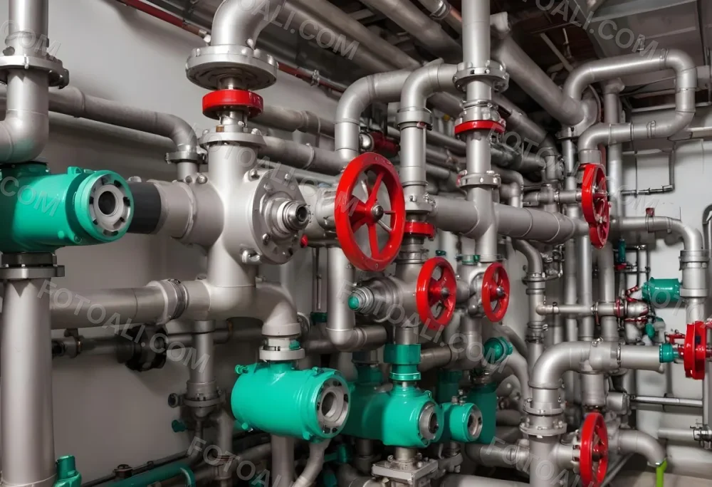 A Complex Network Of Pipes Valves And Pumps With Red Handles And Green Pumps In An Industrial Setting Showcasing The Intricate Plumbing System 19 1fe1